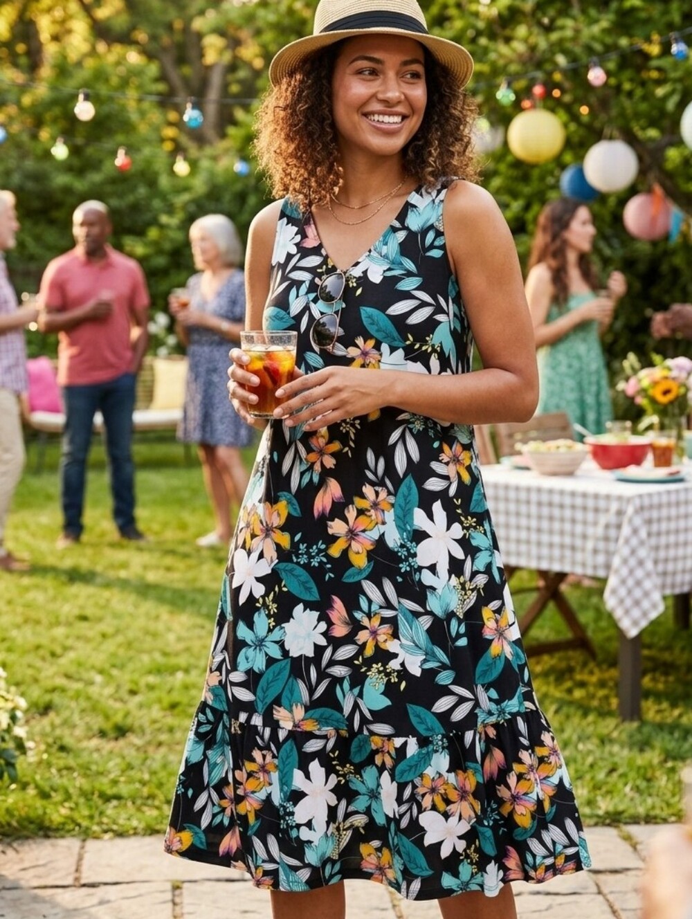 Anna Black Floral Sundress with Teal, White, and Yellow Flowers